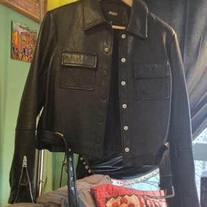 Maje Black Leather Cropped Jacket